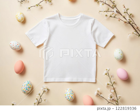 Minimalist white T shirt on light beige background with Easter egg decorations 122819336