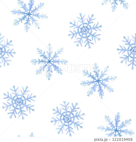 Watercolor blue snowflakes seamless pattern on white. Simple hand drawn background for winter fabric designs and boys clothes Watercolor blue snowflakes seamless pattern on white. Simple hand drawn background for winter fabric designs and boys clothes 122819408