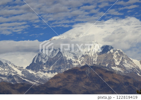 the great view of Annapurna mountain range in Poonhill trekking circle 122819419