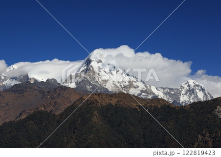 the great view of Annapurna mountain range in Poonhill trekking circle the great view of Annapurna mountain range in Poonhill trekking circle 122819423
