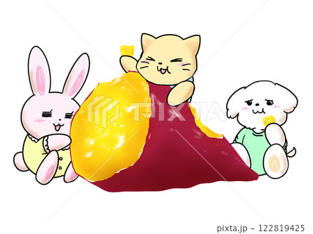 ホクホク焼き芋を食べる動物の子供たち 122819425