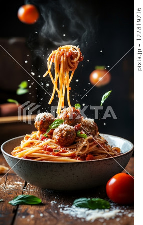 Pasta with sauce with flying meatballs in a bowl, on rustic background Pasta with sauce with flying meatballs in a bowl, on rustic background 122819716