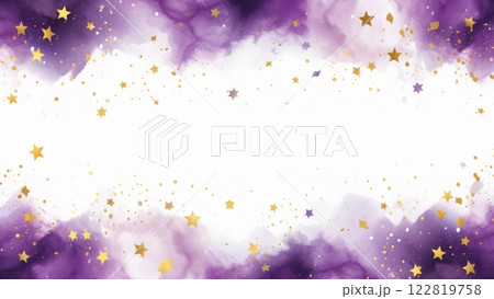 Background with watercolor paint splashes in purple color and golden stars. 122819758