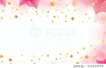Background with watercolor paint splashes in pink color and golden stars. 122819759