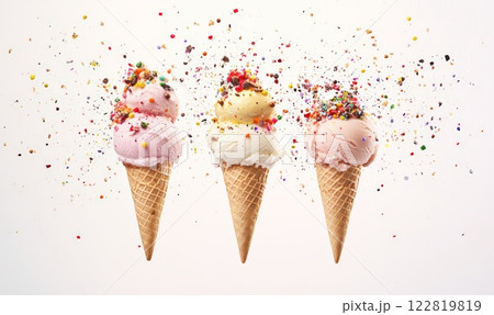Set of different ice creams in cones with topping syrup and colorful sprinkles, on white background 122819819
