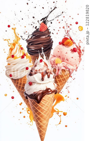 Set of different ice creams in cones with topping syrup and colorful sprinkles, on white background 122819820