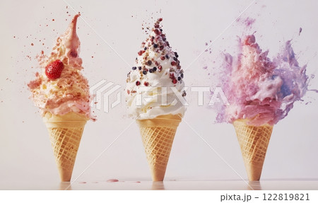 Set of different ice creams in cones with topping syrup and colorful sprinkles, on white background 122819821