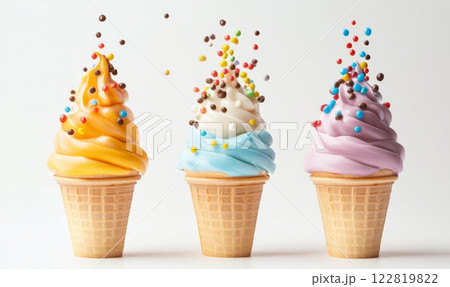 Set of different ice creams in cones with topping syrup and colorful sprinkles, on white background 122819822