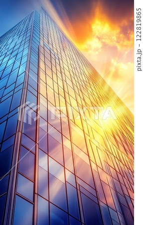 Abstract modern glass office building in downtown, view from below 122819865