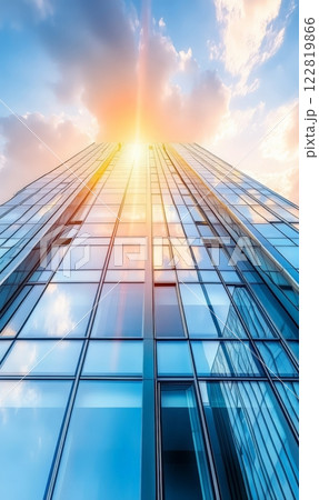 Abstract modern glass office building in downtown, view from below 122819866