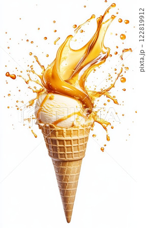 Ice cream cone with caramel syrup splashes on white background 122819912