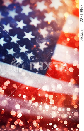 USA flag on defocused light bokeh background. Template for celebrating United States of America national holidays - 4th of July, Memorial day, Veteran's day and other. 122819968