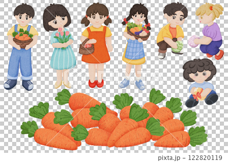 Hand drawn cartoon illustration of children doing activities for decorating Easter postcards. 122820119
