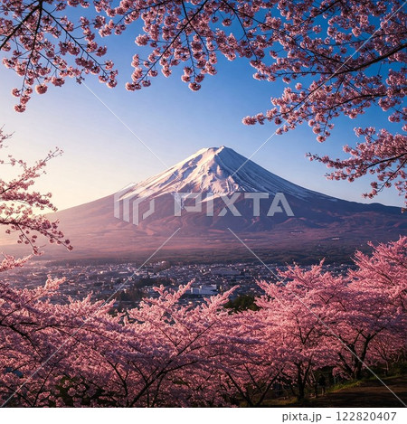 富士山に桜咲く 122820407