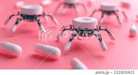 High tech nanobots delivering personalized medicine on pink background High tech nanobots delivering personalized medicine on pink background 122820421