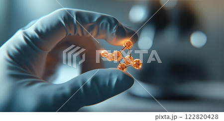 Molecular structure glowing with quantum energy in lab setting 122820428