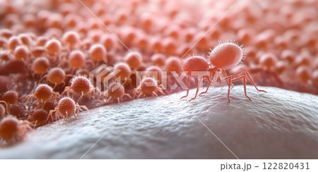 Microscopic ants assembling on surface, showcasing intricate details and textures 122820431