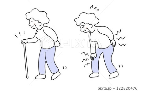 リハビリして杖で歩く高齢女性 リハビリして杖で歩く高齢女性 122820476