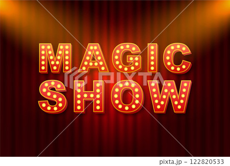 Magic show illuminated sign on red curtain background 122820533