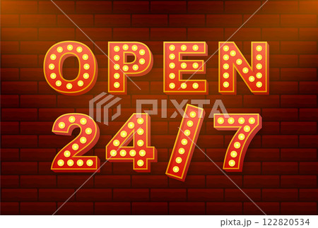 Open 247 sign with light bulbs on a brick wall background Open 247 sign with light bulbs on a brick wall background 122820534
