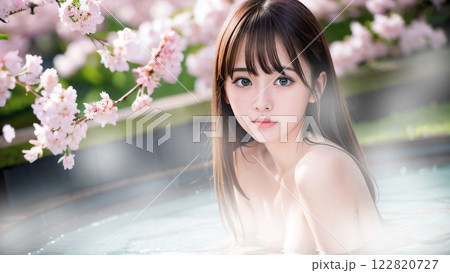 桜の咲く温泉露天風呂に入浴中の若い女性 桜の咲く温泉露天風呂に入浴中の若い女性 122820727