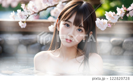 桜の咲く温泉露天風呂に入浴中の若い女性 122820728