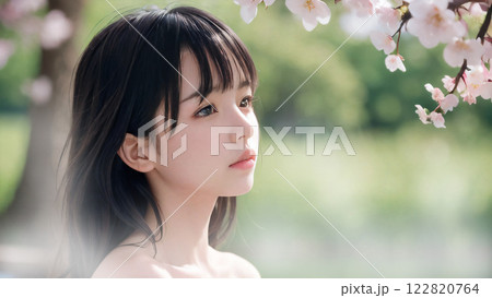 桜の咲く温泉露天風呂に入浴中の若い女性 122820764