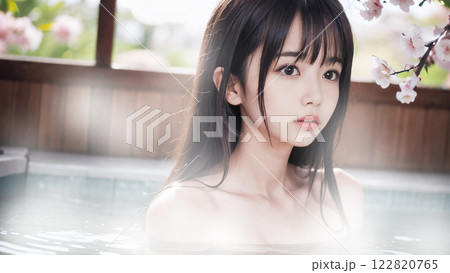 桜の咲く温泉露天風呂に入浴中の若い女性 122820765