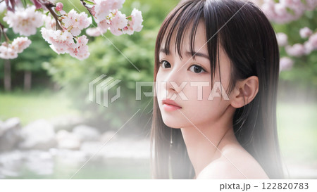 桜の咲く温泉露天風呂に入浴中の若い女性 122820783