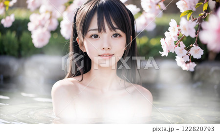 桜の咲く温泉露天風呂に入浴中の若い女性 122820793