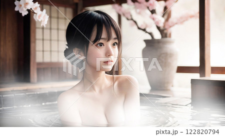 桜の咲く温泉露天風呂に入浴中の若い女性 122820794