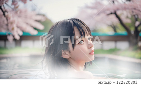 桜の咲く温泉露天風呂に入浴中の若い女性 122820803