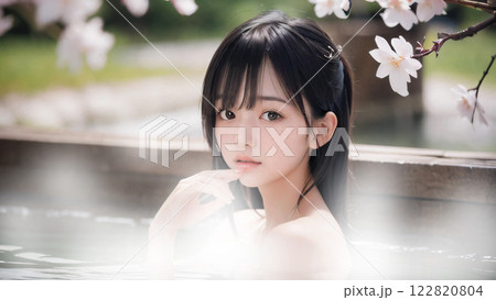 桜の咲く温泉露天風呂に入浴中の若い女性 122820804