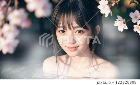 桜の咲く温泉露天風呂に入浴中の若い女性 122820809
