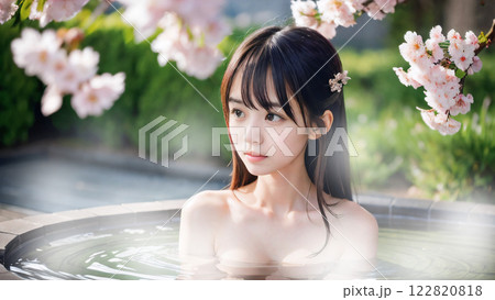 桜の咲く温泉露天風呂に入浴中の若い女性 桜の咲く温泉露天風呂に入浴中の若い女性 122820818