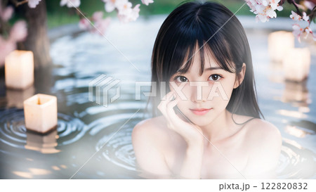 桜の咲く温泉露天風呂に入浴中の若い女性 122820832