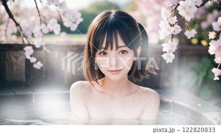 桜の咲く温泉露天風呂に入浴中の若い女性 122820833