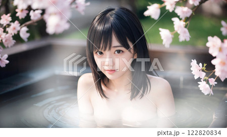 桜の咲く温泉露天風呂に入浴中の若い女性 122820834