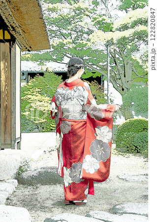 振袖姿の女性　後ろ姿 122820847