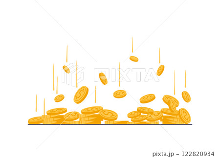 Golden falling coins, lots of money lying on table, casino winnings, investment income, flat cartoon illustration isolated on white background. 122820934