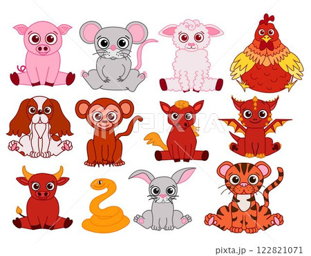 Set of cute baby animals of Chinese new year mascots. Graphic line vector illustration isolated. CNY lunar lantern festival colored 122821071