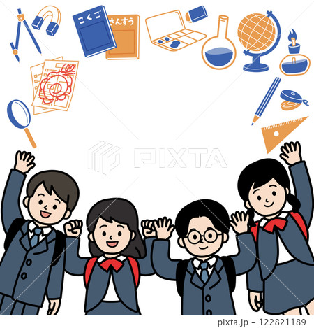 子どもと学用品のベクターイラストフレーム 122821189