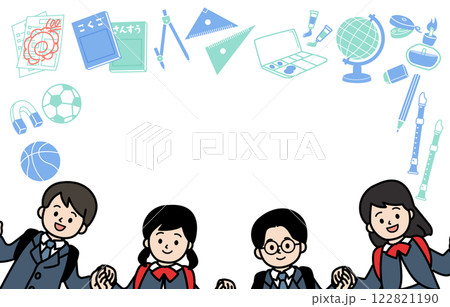 子どもと学用品のベクターイラストフレーム 子どもと学用品のベクターイラストフレーム 122821190