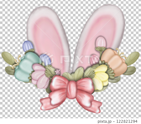 Egg Easter and Decorative letters spelling EASTER decorations pastel flowers theme with spring.  122821294