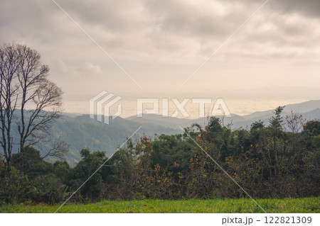landscape and travel concept with sunrise and layer of mountain and mist with forest on morning landscape and travel concept with sunrise and layer of mountain and mist with forest on morning 122821309