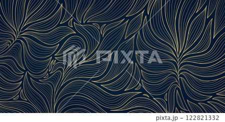 Vector art deco gold leaves pattern, line luxury elegant illustration, foliage floral plant print, nouveau textile, wavy jungle graphic. 122821332