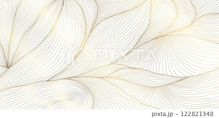 Vector golden leaves art deco pattern, flower line luxury motif, fancy nouveau nature background. Wavy japanese elegant wallpaper, foliage illustration. 122821348