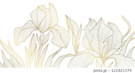 Vector golden iris flowers pattern, vintage floral border, blossom background. Luxury line botanical, nature ornament. 122821374