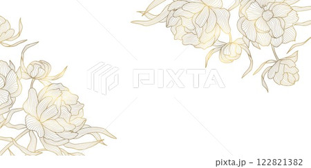 Vector gold floral background, flower line Chinese rose pattern, luxury wedding design, bloom frame. Oriental peony foil on white card, oriental style. Vector gold floral background, flower line Chinese rose pattern, luxury wedding design, bloom frame. Oriental peony foil on white card, oriental style. 122821382