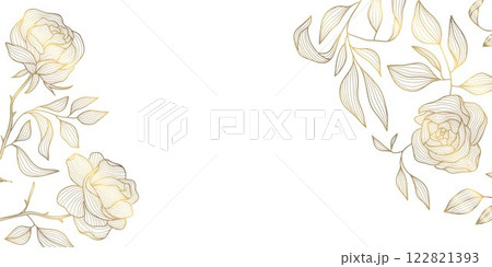Vector gold rose line background, flower illustration, border, frame. Plant chinese linear blossom, royal elegant ornament. Vector gold rose line background, flower illustration, border, frame. Plant chinese linear blossom, royal elegant ornament. 122821393